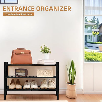 3 Tier Bamboo Shoe Rack Storage Organizer for Closet, Multifunctional Stackable Free Standing Shoe Shelf Organizer for Small Space,Entryway,Hallway,Bathroom 27"x11"x20" (Black, 3 Tier)