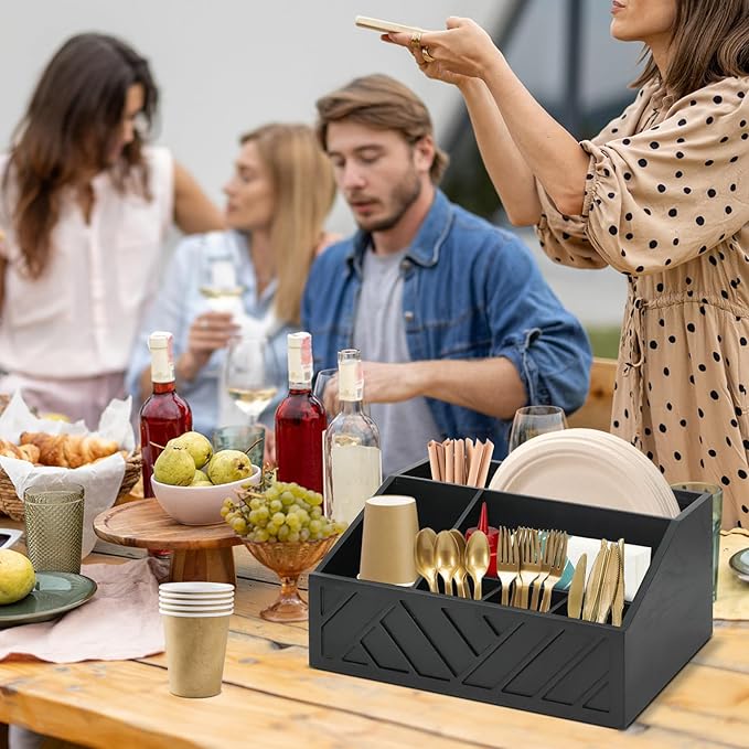 Ukonvi Paper Plate Dispenser, Paper Plate Holder for Kitchen Counter, Wood Rustic Silverware Utensil Caddy, Cutlery Flatware Organizer Box for Cups Spoons Forks Plates Napkins, Kitchen Accessories