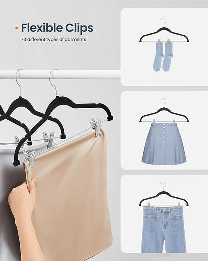 SONGMICS HOME Velvet Pants Hangers with Adjustable Clips, Non-Slip Space-Saving Clothes Hangers, 30 Pack, Shoulder Notches for Skirts, Black