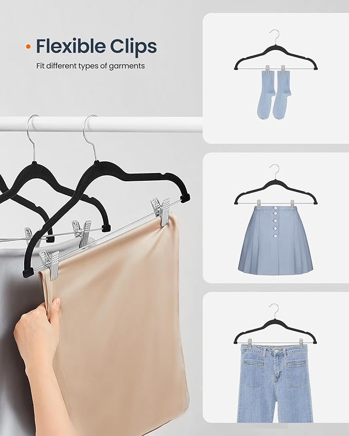 SONGMICS HOME Velvet Pants Hangers with Adjustable Clips, Non-Slip Space-Saving Clothes Hangers, 20 Pack, Shoulder Notches for Skirts, Black