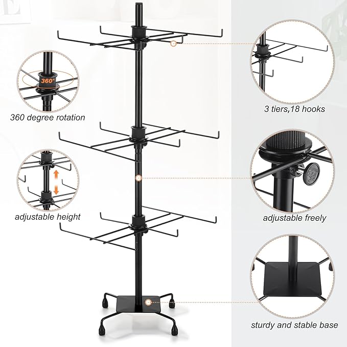 RattanView 2 Pcs Jewelry Rotating Display Stand Adjustable Metal Earrings Bracelet Display Rack Hanging Jewelry Spinning Organizer Tree with Hooks for Vendor Events Selling(3 Tier,Black)