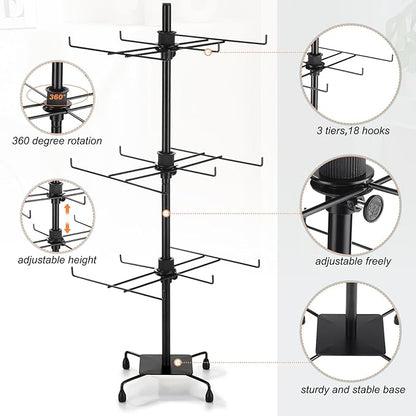 RattanView 2 Pcs Jewelry Rotating Display Stand Adjustable Metal Earrings Bracelet Display Rack Hanging Jewelry Spinning Organizer Tree with Hooks for Vendor Events Selling(3 Tier,Black)