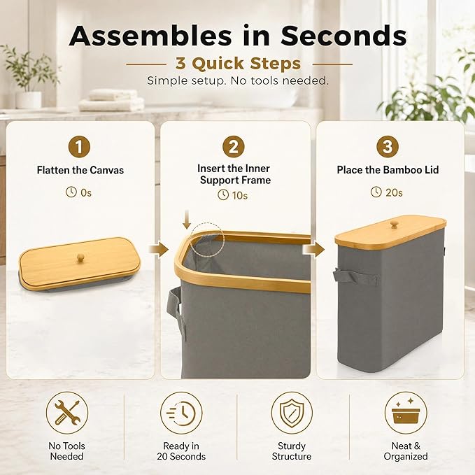 Premium Waterproof Toilet Paper Storage Box with Bamboo Lid - Fits 9 Mega Rolls, 900D Heavy-Duty Fabric Bathroom Organizer Bin with Elevated Base & Handles for Narrow Spaces (17.3"x 6.9"x 15.5")