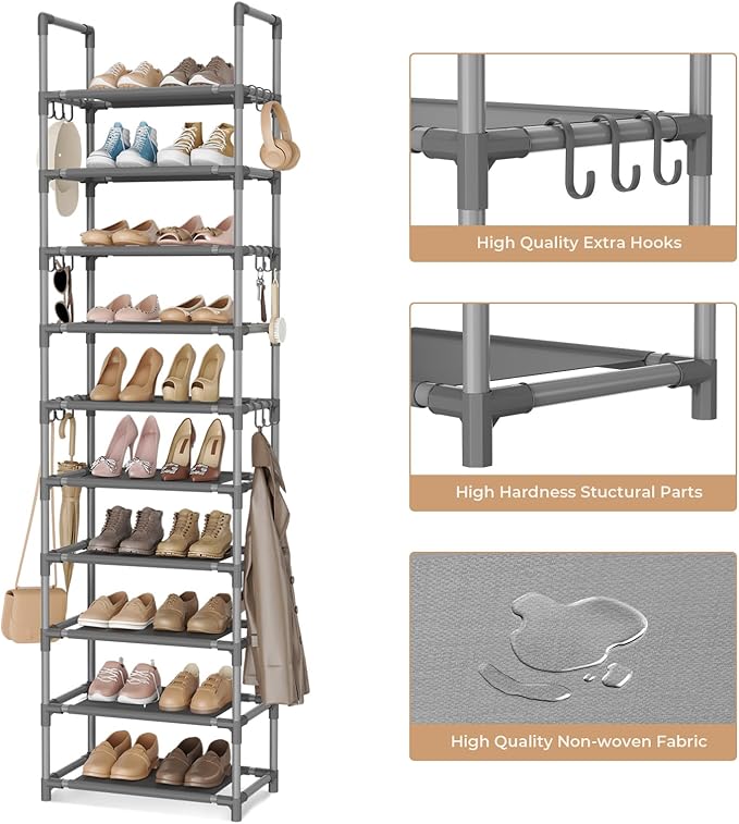 VTRIN 10 Tiers Tall Shoe Rack Holds 20-25 Pairs of Shoes Sturdy Vertical Shoe Organizer with 18pcs Hooks Stackable Narrow Shoe Rack for Closet, Entryway Grey