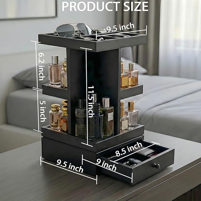 4-Tier Rotating Cologne Organizer with Drawer for Men, Large Capacity Perfume Organizer, Mens Gifts & Desktop Accessories Stand - Spacious for Bottles & Men's Essentials Storage, Modern Black