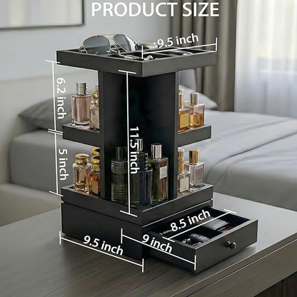 4-Tier Rotating Cologne Organizer with Drawer for Men, Large Capacity Perfume Organizer, Mens Gifts & Desktop Accessories Stand - Spacious for Bottles & Men's Essentials Storage, Modern Black