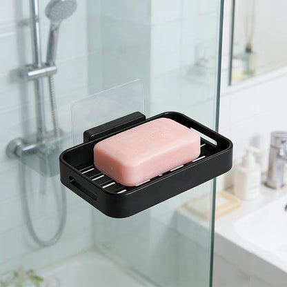 Shower Soap Dish Soap Bar Holder, 2 Pcs Soap Holder for Shower Wall, Plastic No Drill Adhesive Mount Removable Soap Saver Sponge Holder for Bathroom Kitchen Sink, Black