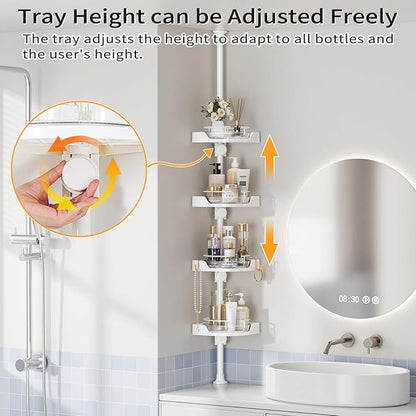 shuang qing 360° Rotating Corner Shower Caddy Tension Pole Organizer - 4-Tier Adjustable Rustproof Metal Pole, Plastic Shelves with Safety Guardrail, Bathroom Storage for Shower & Bathtub(White)