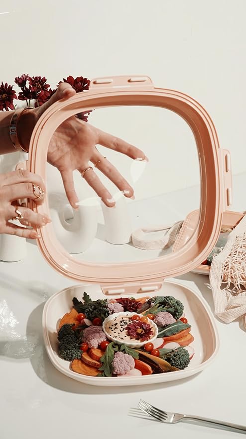 Crudités | Portable Snack Tray | Square 2-Pack | Coral Pink | Reversible Stretch Lid Food Containers | BPA-Free, Freezer & Dishwasher Safe | Meal-Prep, Charcuterie, Salads, Picnic, Travel