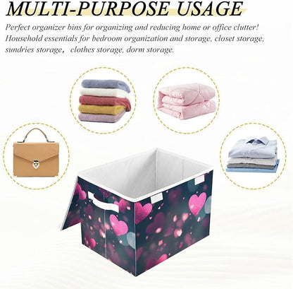 senya Valentines Baskets Collapsible Storage Bins with Lids, Love Hearts Romantic Storage Boxes Clothes Baskets for Organizing
