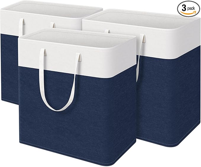 TasticTotes laundry basket 3-Pack, laundry hamper, Hamper with handles, collapsible laundry baskets, Waterproof dirty clothes hamper, Towel Storage for Home or Dorm, 100L-Blue
