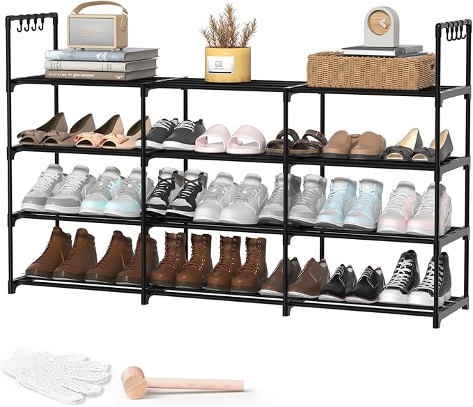 3 Row 4 Tier Long Shoe Rack, Black Metal Stackable Shoe Shelf with Multifunctional Hooks, Shoe Storage Hold 24-30 Pairs, Space Saving Shoe Organizer for Closet,Wide Shoe Rack