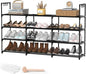 3 Row 4 Tier Long Shoe Rack, Black Metal Stackable Shoe Shelf with Multifunctional Hooks, Shoe Storage Hold 24-30 Pairs, Space Saving Shoe Organizer for Closet,Wide Shoe Rack