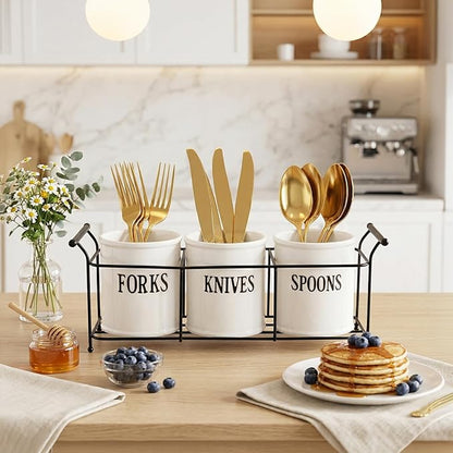 Bekith 3-Piece White Ceramic Silverware Caddy with Black Metal Rack, Utensil Holder Flatware Caddy Cutlery Storage Organizer for Kitchen Table, Cabinet or Pantry
