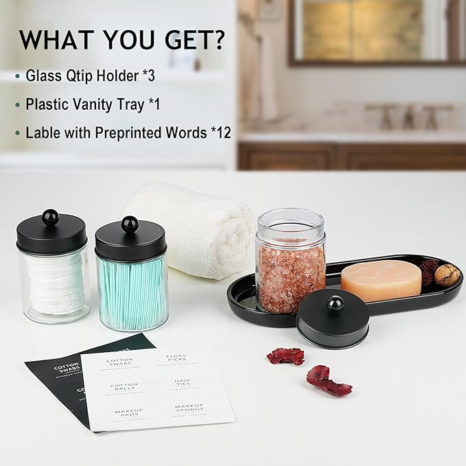 SheeChung 3-Pack Glass Apothecary Jars with Acrylic Vanity Tray - Bathroom Organizer Set for Qtip, Cotton Ball, Floss Picks - Modern Industrial Style Bathroom Accessories Storage Canister (Black)