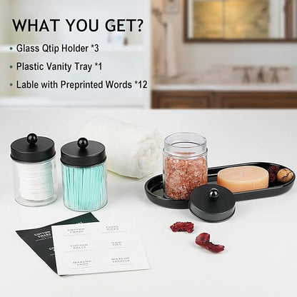 SheeChung 3-Pack Glass Apothecary Jars with Acrylic Vanity Tray - Bathroom Organizer Set for Qtip, Cotton Ball, Floss Picks - Modern Industrial Style Bathroom Accessories Storage Canister (Black)