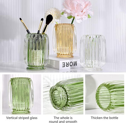 DASITON Makeup Brush holder Organizer,Crystal Cosmetic Makeup Brush Glass Brushes Storage Holder, Vintage Make Up Brush Cup striped vase(Green)