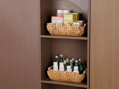 Coeusy Small Wicker Basket 2 Pack,Scalloped Basket for Organizing and Decor,Natural Water Hyacinth Storage Baskets with Wooden Handles for Gifts,Snack,Shelves
