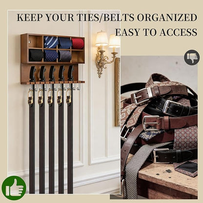 AUTOARK Wall Mounted Tie Rack/Belt Hanger,2-in-1 Wall Mount Organizer,8 Compartment Tie Organizer with Belt Slots & Hooks,Belt & Accessories,8+12+11 Storage,Walnut,AHK-081
