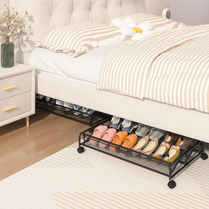 Under Bed Shoe Storage Organizer, Rolling Under Bed Storage Containers with Wheels, Under Bed Shoe Organizer Drawer Space Saving for bedroom