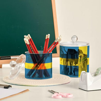 DOMIKING Sweden Flag 2 Pack Bathroom Canisters Cotton Swab Holder Dispenser Plastic Cotton Ball Jar Acrylic Storage Containers for Cotton Ball Cotton Swab Cotton Round Pads