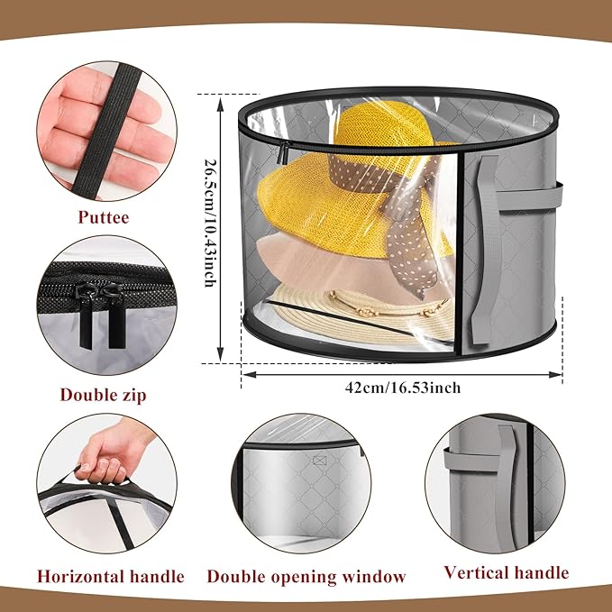 Oversized Clear Hat Storage Bag for Women, Closet Hat Boxes Organizer Bag with Dustproof Lids, Holds up to 7 Caps Cowboy Hat Organizer for Closet, Hat Carrier Case for Travel (Grey)