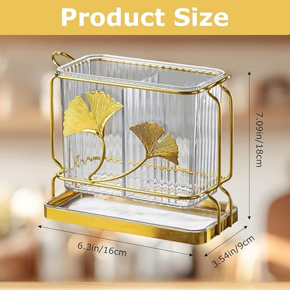 2-Compartment Transparent Silverware Organizer, Drip Tray, Suspended Utensil Caddy for Forks, Spoons, Knives, Elegant Cutlery Holder for Kitchen Countertop, Party Use