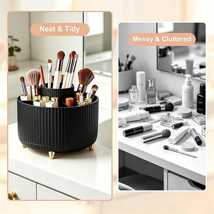 360° Rotating Makeup Brush Holder for Vanity, Elegant Black Makeup Organizer for Bathroom Countertop, Skincare & Cosmetic Storage Case