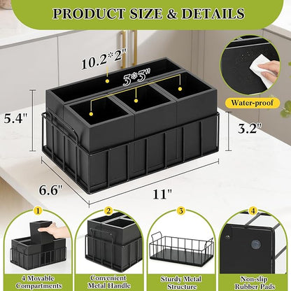 Silverware Holder for Party, Wood Utensil Holder with 4 Removable Compartments for Countertop, Silverware Caddy Flatware Organizer Box for Utensil Spoons Forks Plates Napkin, Detachable Sevring Caddy