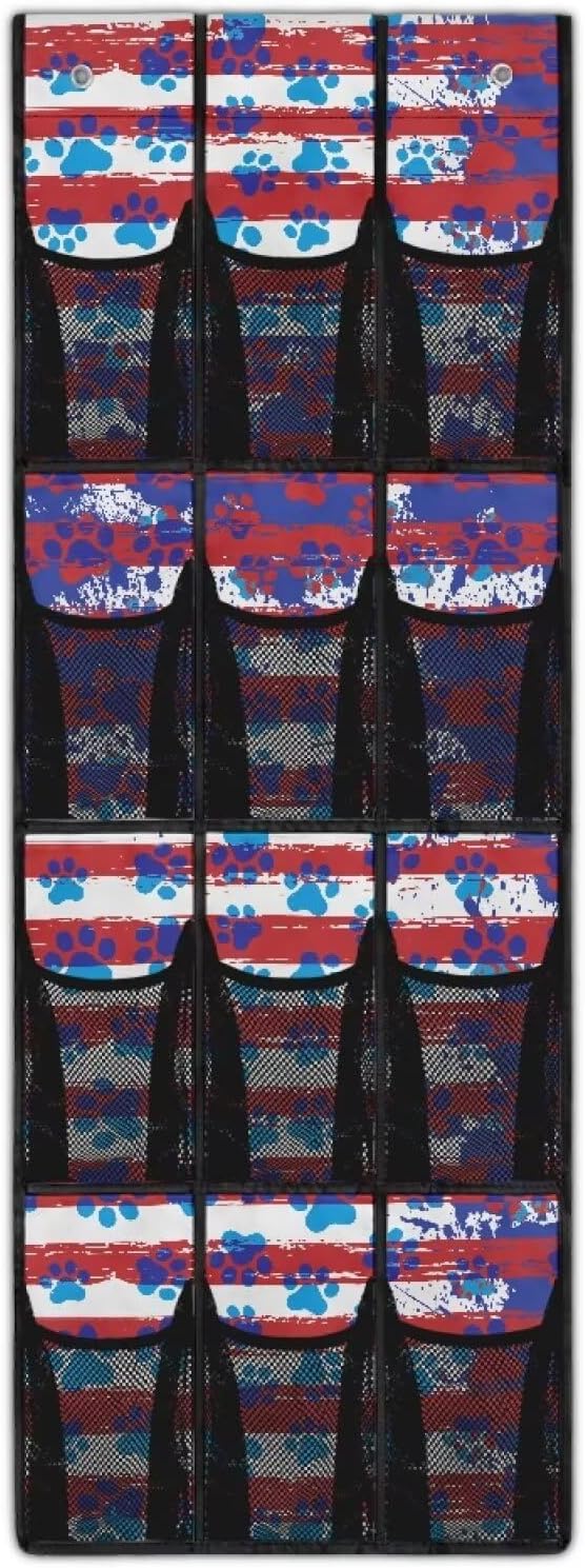 Striped Dog Paws Over the Door Shoe Organizer,Hanging Storage Bags with 12 Mesh Large Pockets,Hanging Shoe Storage Hanging Bag