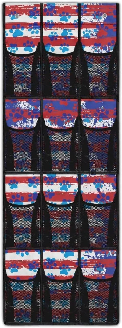 Striped Dog Paws Over the Door Shoe Organizer,Hanging Storage Bags with 12 Mesh Large Pockets,Hanging Shoe Storage Hanging Bag