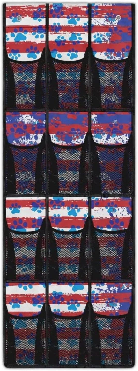 Striped Dog Paws Over the Door Shoe Organizer,Hanging Storage Bags with 12 Mesh Large Pockets,Hanging Shoe Storage Hanging Bag
