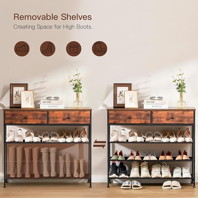 usikey Shoe Rack, 4 Tier Shoe Storage Organizer with 2 Drawers, Metal Shoe Shelf for 12-15 Pairs of Shoes, with 3 Oxford Fabric Shelves and Wooden Top, Shoe Stand for Entryway, Rustic Brown UNYXJX008F