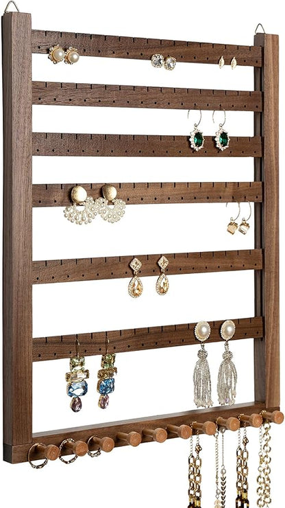 Mymazn Easy Assemble Solid Walnut Wood Earring Wall Holder Hanging Jewelry Organizer Necklace Holder Earring Hanger Wall Mount Jewelry Organizer for Necklaces Rings Scruncies Organization