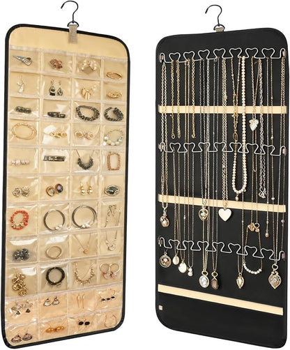 Double Sided Hanging Jewelry Organizer, Wall Mounted Jewelry Storage with 48 Pockets, Metal Hooks for Necklace Earring Bracelet, Large Capacity Jewelry Holder for Closet Door, Black