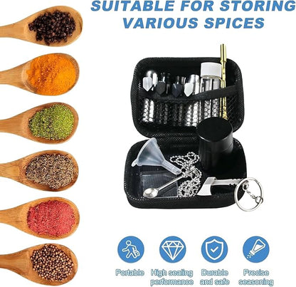Kitchen Spice Dispenser Set with Pouch – 12Pcs Stainless Steel Spice Jars Airtight, Mini Funnel & Spoon for Camping BBQ Cooking, Space-Saving Seasoning Organizer for Home & Travel (Black)