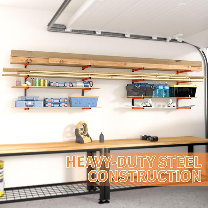 4 Pack Lumber Storage Rack, Wall Mount Foldable & Adjustable Lumber Rack with 8-Level Holds Up 1040 Lbs, Heavy Duty Metal Garage Wood Rack for Workshop, Basement, Indoor and Outdoor