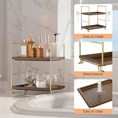 FSyueyun 2-Tier Bathroom Countertop Organizer,Bathroom Organizers and Storage with Tool-Less Installation, Premium Plastics for Makeup, Perfume, Skincare on Dresser Vanity Tray (Gold & Brown)