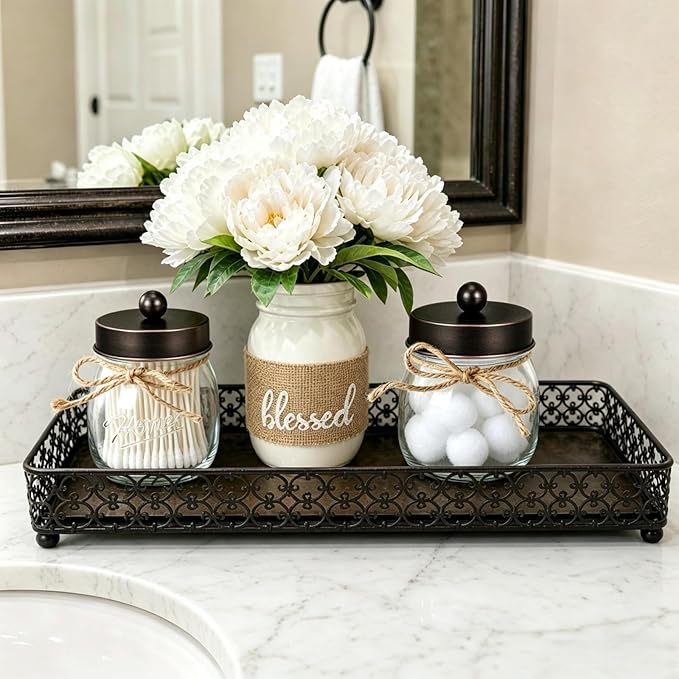 SheeChung Bathroom Decor, Bathroom Organizers and Storage, Qtip Holder, Vanity Decor, Cute Mason Jars for Cotton Swabs, Balls, Cotton Pads, Floss Picks (Oil Rubbed Bronze, 3 Pack)