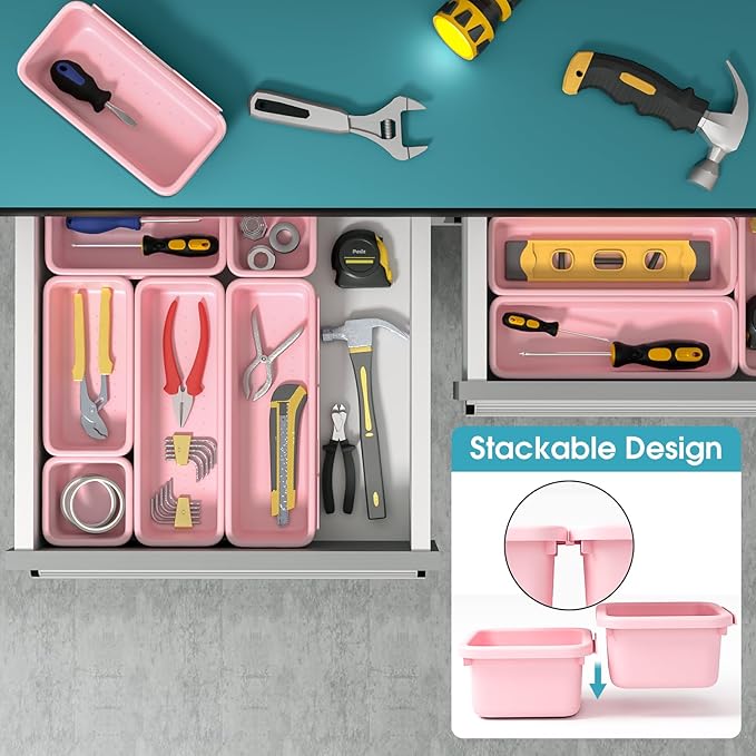 6 PCS Drawer Organizer Set, 3 Size Makeup Drawer Divider Organizer With Non-Slip Pads, Interlocking Plastic Storage Bins for Office,Jewelry Vanity,Gadgets, Bathroom,Kitchen, Pink