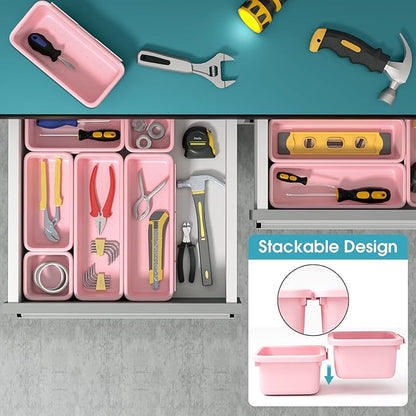 6 PCS Drawer Organizer Set, 3 Size Makeup Drawer Divider Organizer With Non-Slip Pads, Interlocking Plastic Storage Bins for Office,Jewelry Vanity,Gadgets, Bathroom,Kitchen, Pink