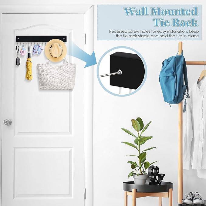 Tie Rack Belt Hanger Wall Mounted, Lomrsiul Non Slip 180 Degree Rotating Tie Organizer for Men Closet with 18 Hooks Closet Organizers and Storage for Tie Belt Necklace Purse Scarf Bag Black 1 Pack