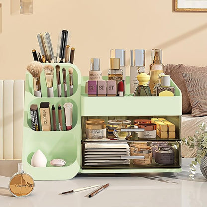Makeup Organizer with Drawers,Large Capacity Countertop Organizer for Vanity,Bathroom and Bedroom Desk Cosmetics Organizer,Easy To Storage Skincare,Brushes,Lotions (Green)