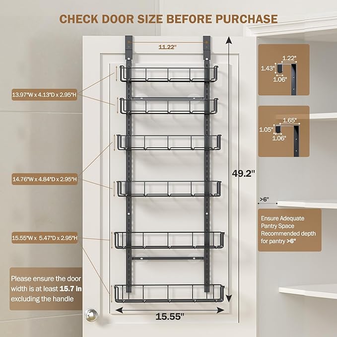 Delamu Adjustable Over the Door Pantry Organizer with Clear Acrylic Panel, 6-Tier Pantry Organization and Storage for Kitchen, Hanging Spice Rack Seasoning Shelves for Cabinet, Easy Install, Black