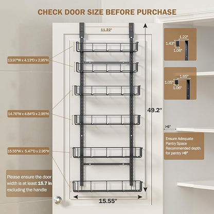 Delamu Adjustable Over the Door Pantry Organizer with Clear Acrylic Panel, 6-Tier Pantry Organization and Storage for Kitchen, Hanging Spice Rack Seasoning Shelves for Cabinet, Easy Install, Black
