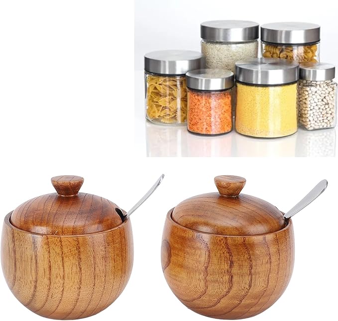 Yosoo Health Gear Wood Salt Bowl 2pcs Wood Salt and Bowl with Lids and Spoons, Multifunctional Salt Jar with Lid Spoon for Sugar Condiment 3.3x2.6in Cellar and Storage Box