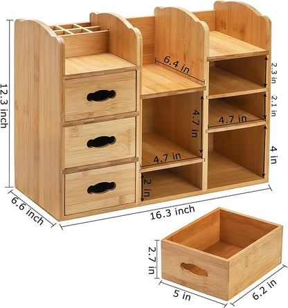 Coloch Bamboo Makeup Organizer with Drawers, Large Cosmetics Storage Shelf for Vanity Countertop Skincare Organizer for Desktop, Skincare, Beauty Supplies, Cosmetics Display, Stationery Storage