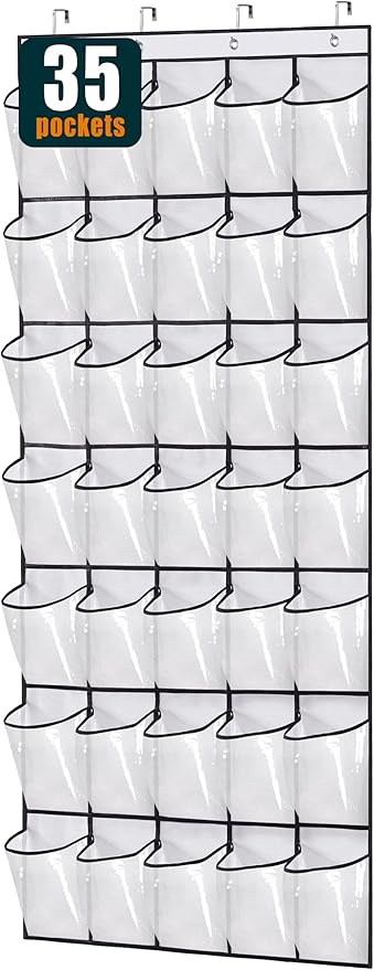 MISSLO 35 Clear Large Pockets Over The Door Shoe Organizer Sturdy Oxford Fabric Hanging Shoe Rack Closet Shoe Holder Hanger, White