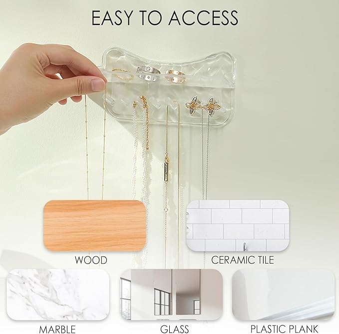 Necklace Holder Wall Mounted, Adhesive Plastic Jewelry Organizer with 8 Hooks – Stylish Necklace Rack, Ideal for Necklaces, Studs, Bracelets, Earrings, and More