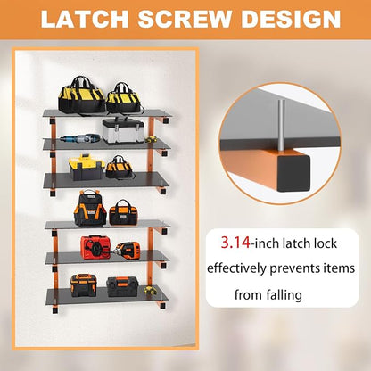 4 Pack Wall-Mounted Lumber Rack, Heavy Duty Wood Storage Racks, 6-Level System Garage Shelving, 1320 LBS Capacity Hanging Organizer Shelves, Orange Brackets Utility Metal Shelf for Indoor and Outdoor